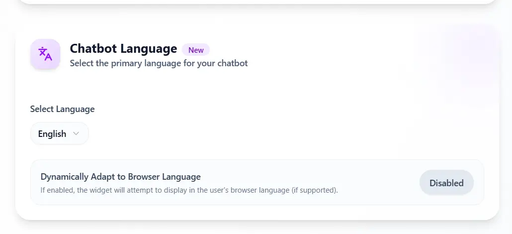 Widget Language Settings Interface showing language selection options
